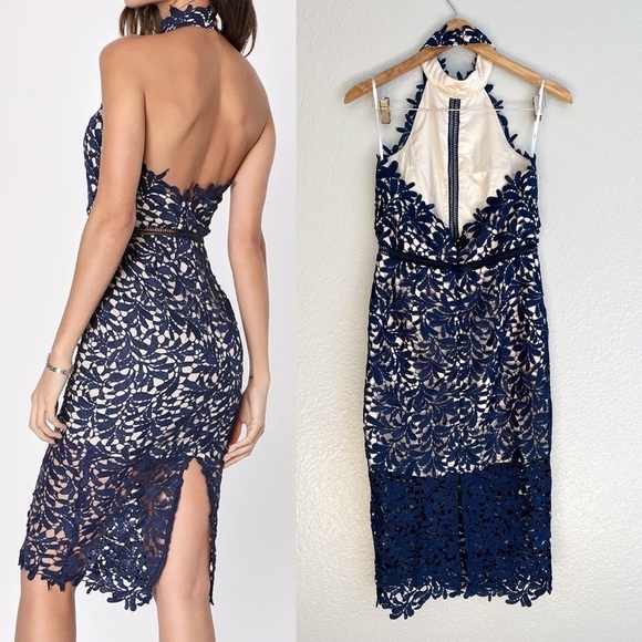 NWOT Divine Destiny Navy Blue Lace Midi Dress - Picture 3 of 11